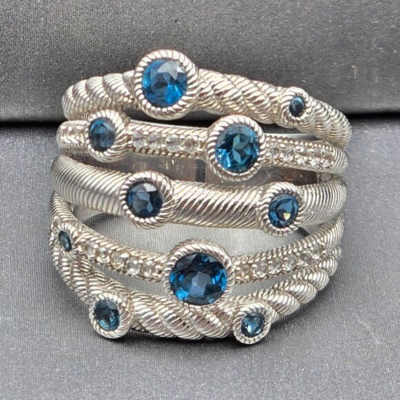 Judith Ripka Sterling Silver & Blue Topaz Multi-Row Cocktail Ring Size 8 - Picture 1 of 16